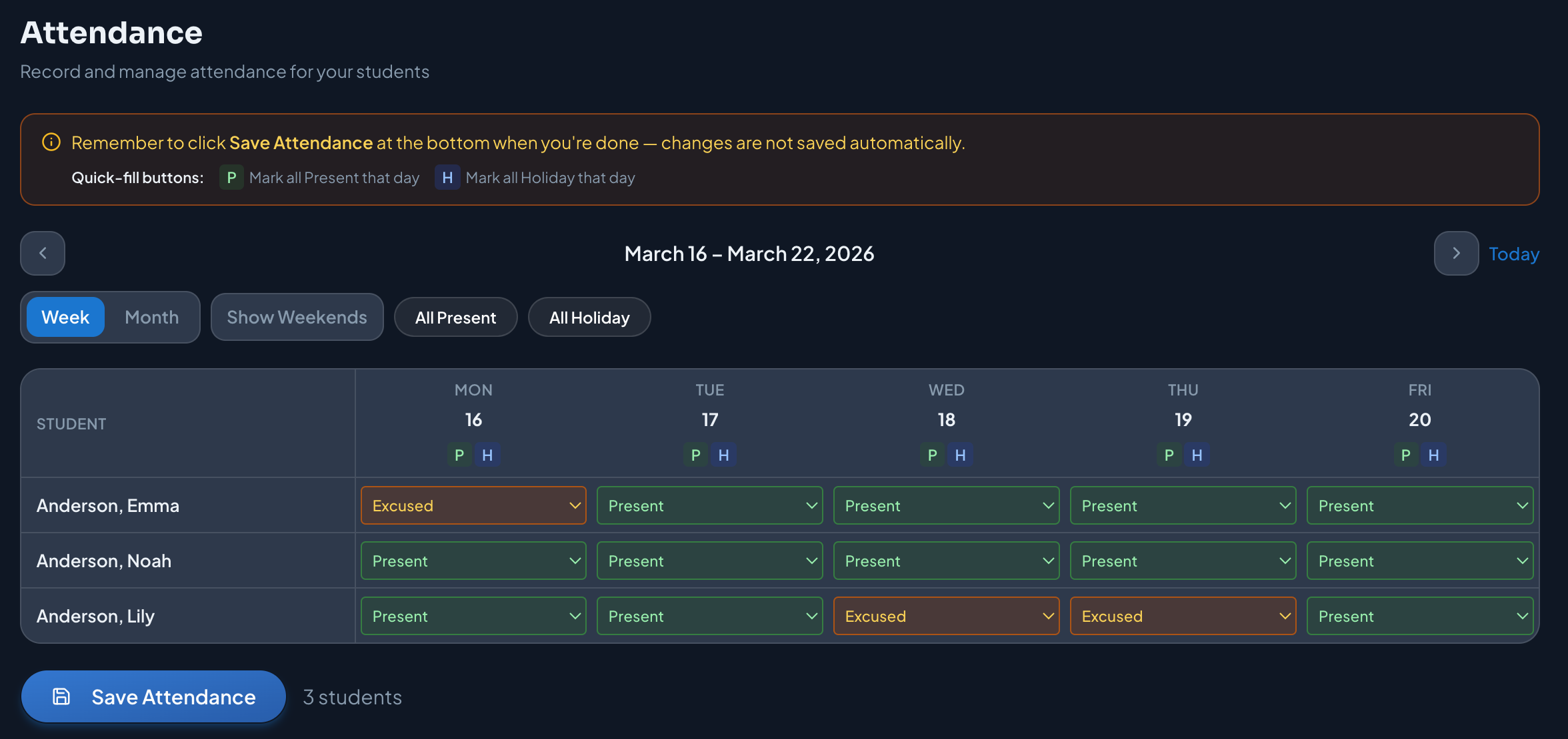 Weekly Attendance Tracking